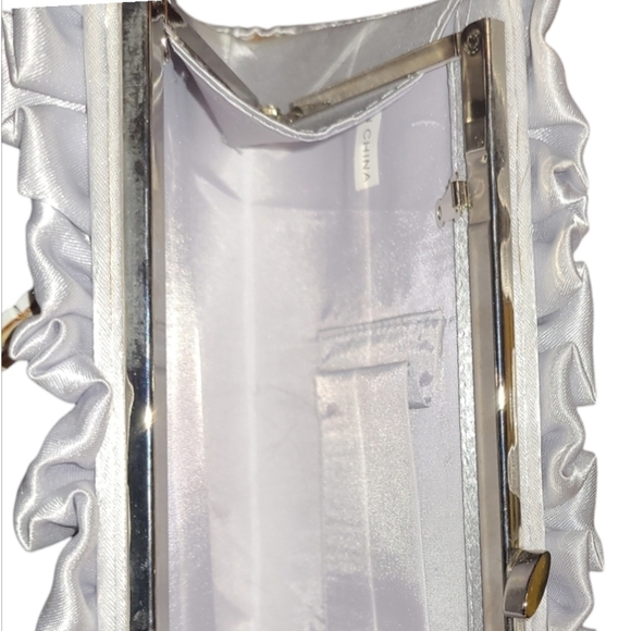 Silver Metallic Evening Clutch with Scrunched Pleated Fabric and Rhinestone Trim - Picture 6 of 10